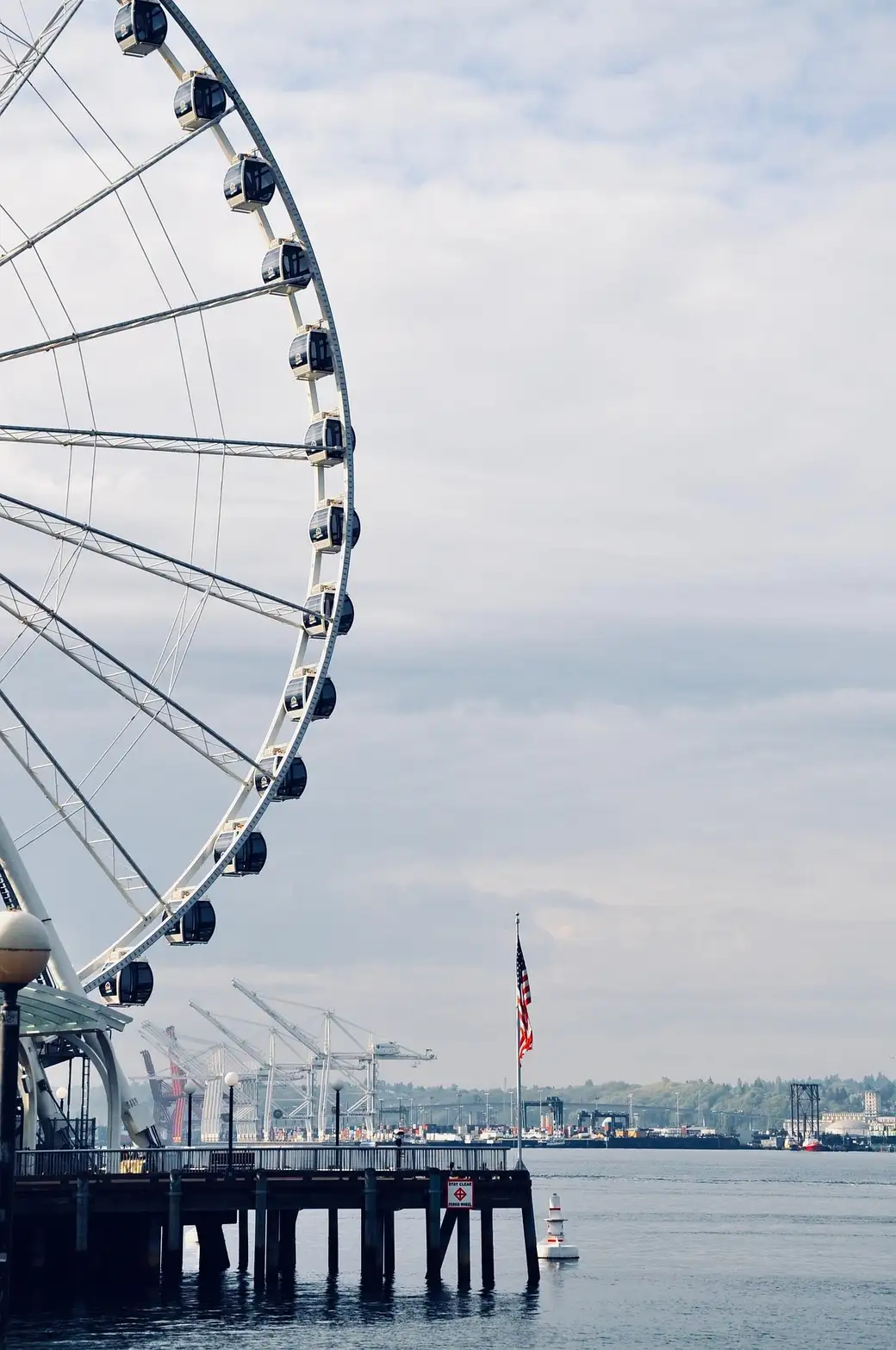 The Seattle waterfront with the Great Wheel and port cranes visible across Elliott Bay