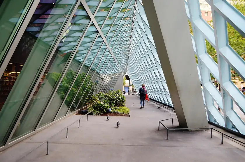 The angular glass facade of the Seattle Central Library, an emblem of the city's design and technology culture